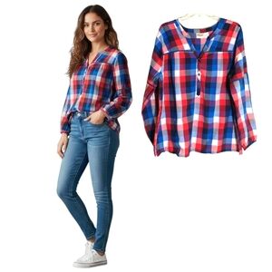 Collections ETC Tunic Top Women's Sz XL Red White Blue Plaid Long sleeve Popover